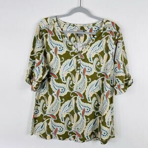 Chico's Top Large 2 12 Green Retro Paisley Henley Tee Short Sleeve Cotton Modal
